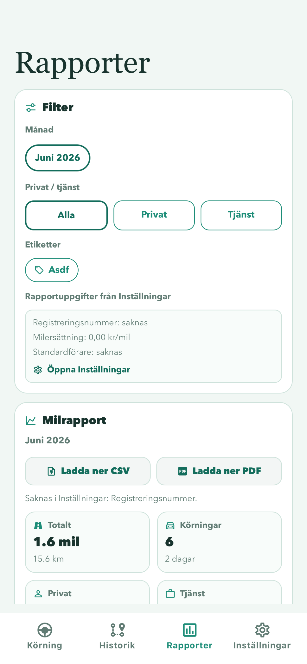 Körjournal inställningar